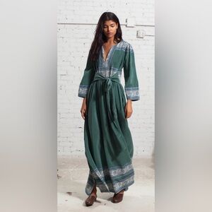 Sea Border-print silk long-sleeved belt dress NWOT